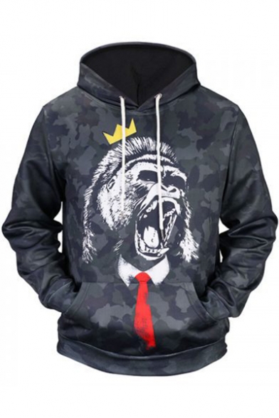 Funny Camouflage Crown Gorilla 3D Print Long Sleeve Unisex Gray Hoodie with Pocket