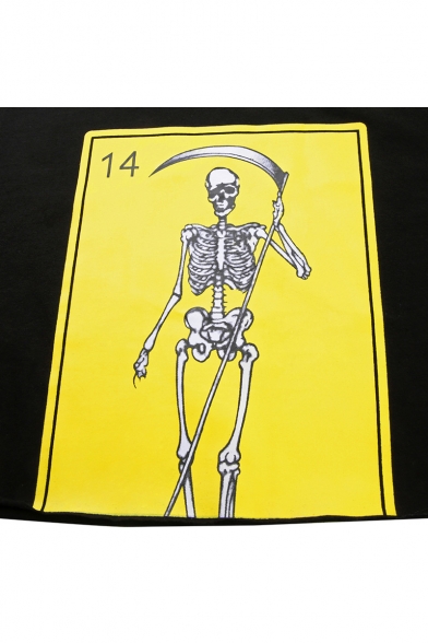 Funny Skull Skeleton Figure Printed Round Neck Short Sleeve Black Cropped T-Shirt