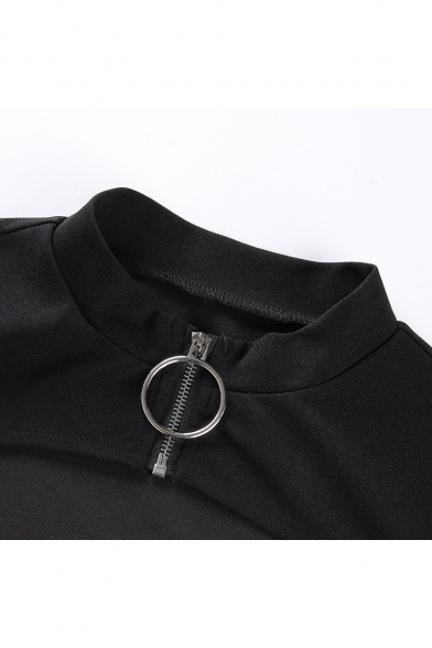 Girls Cool Punk Style Sexy Cutout Zipper Front Long Sleeve Black Plain Mini Bodycon Dress