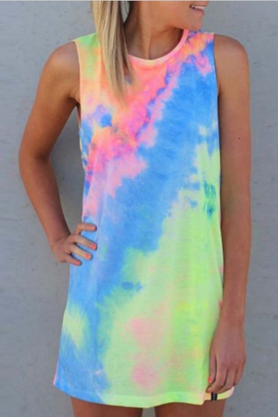 Girls Summer Cool Tie Dye Round Neck Sleeveless Mini Tank Dress