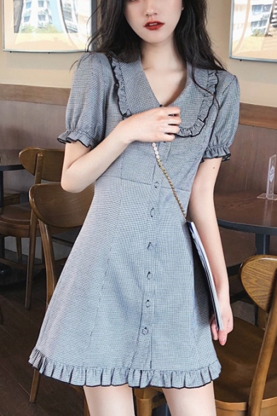 Girls Summer Cute Sweet Peter-Pan Collar Short Sleeve Ruffled Hem Mini A-Line Dress