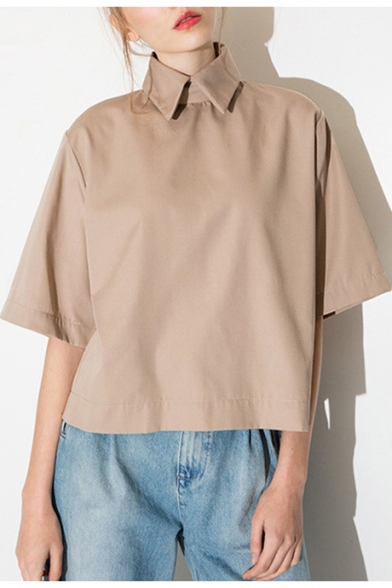 Girls Trendy Simple Plain Turn-Down Collar Khaki Casual Shirt Blouse Top