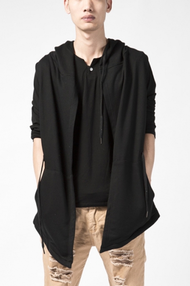 Guys Cool Street Fashion Simple Plain Sleeveless Black Vest Hoodie