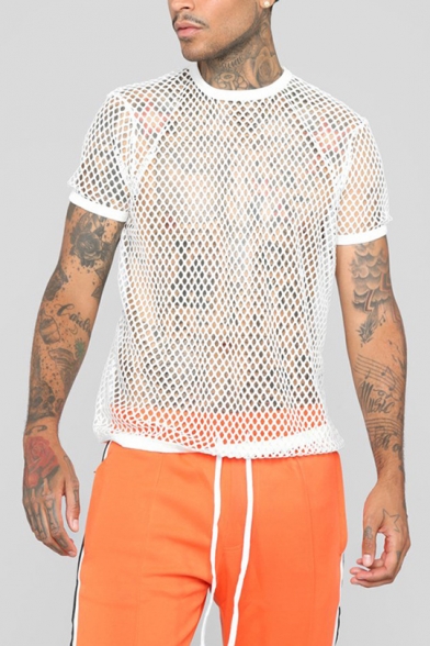Guys Summer Round Neck Short Sleeve Sexy Hollow Out Mesh Grid Loose Fit T-Shirt