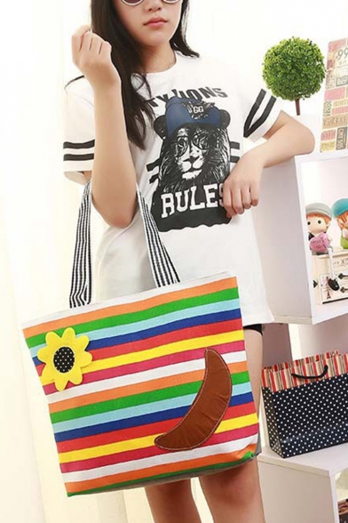 Hot Fashion Colorful Stripe Floral Pattern Large Capacity Canvas Tote Shopper Bag with Zipper 35*33*10 CM