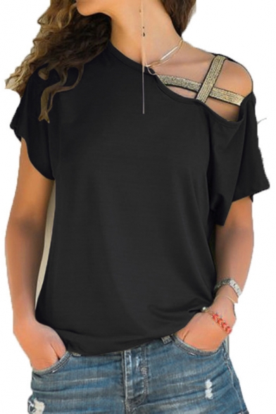 Hot Fashion Hollow Out Round Neck Short Sleeve Plain Casual Tee For Women