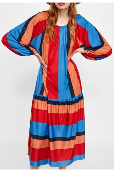 Hot Fashion Round Neck Long Sleeve Stripes Printed Loose Midi Pleated Dress