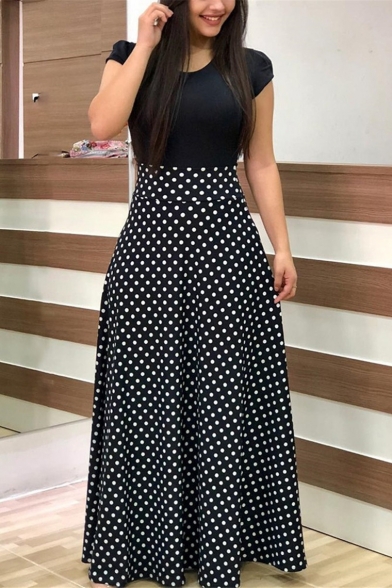 Hot Fashion Round Neck Short Sleeve Polka Dot Printed Maxi A-Line Dress For Women