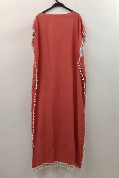 Hot Fashion Sexy V-Neck Long Sleeve Plain Tassel Detail Floor Length Boho Beach Dress