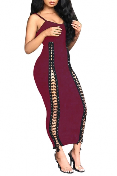 Hot Fashion Spaghetti Straps Sleeveless Lace Up Hollow Plain Maxi Cami Bodycon Dress