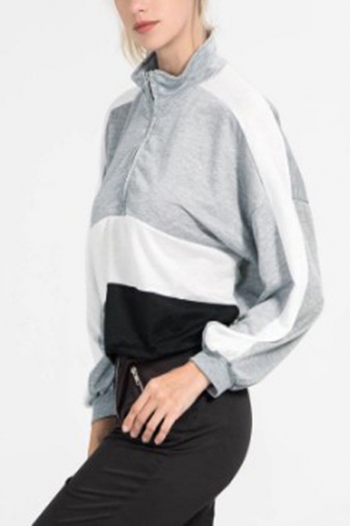 Hot Women's Colorblock Patchwork Half-Zip Front High Neck Long Sleeve Sweatshirt