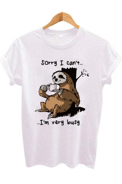 I'M VERY BUSY Letter Cartoon Sloth Printed White Round Neck Short Sleeve Tee