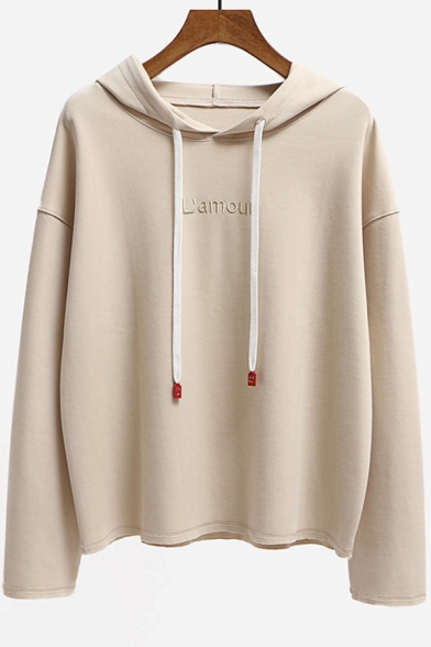 L'AMOUR Letter Embroidered Long Sleeve Drawstring Hoodie