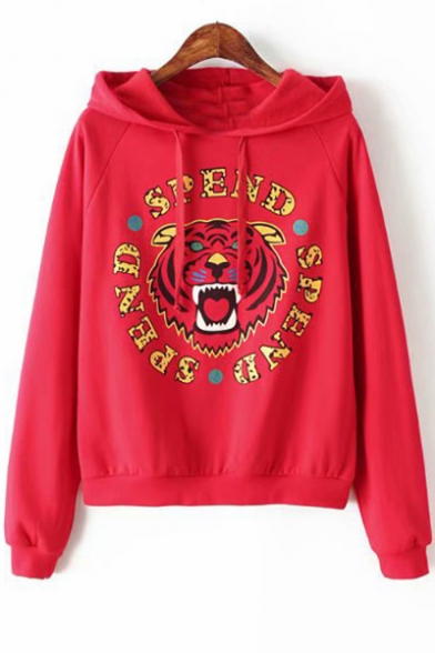 Letter SPEND Tiger Head Printed Long Sleeve Relaxed Fit Hoodie