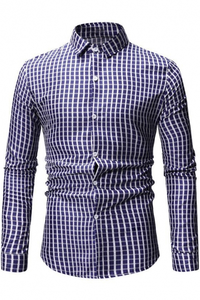 Men's Fashion Classic Plaid Printed Long Sleeve Slim Fitted Button Shirt