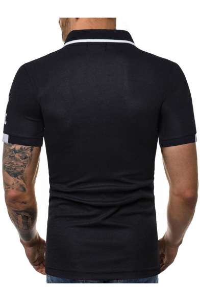 Men's Fashion Plain Number Embroideried Tipped Collar Short Sleeve Slim Fit Polo Shirt
