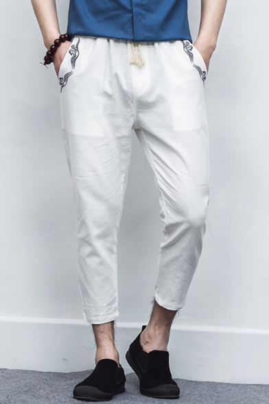 Men's Summer Chic Floral Embroidery Pocket Drawstring Waist Cotton Capri Pants Tapered Pants