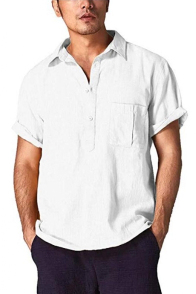 Mens Basic Simple Plain Button Lapel Collar Short Sleeve Relaxed Fit Linen Shirt