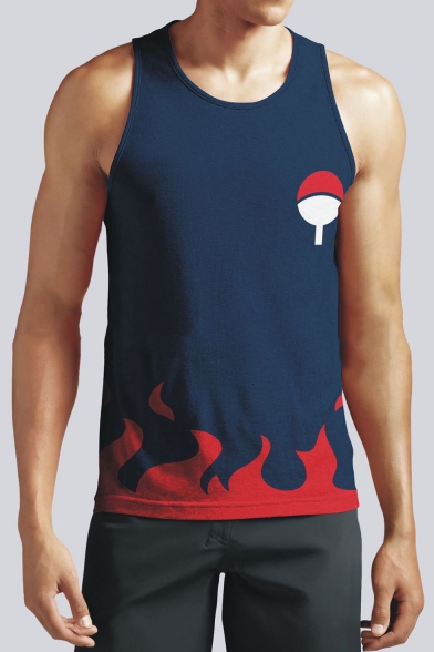 Mens Cool Red Fire Pattern Round Neck Sleeveless Casual Loose Blue Tank Top