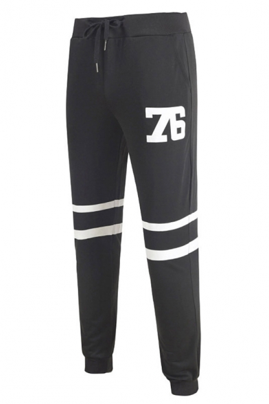 Mens Simple Number 76 Striped Printed Drawstring Waist Sport Slim Fit Trousers Pants