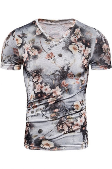WSPLYSPJY Men Fashion V-Neck Floral Print Short Sleeve Slim fit Leisure T-Shirt Comfy 