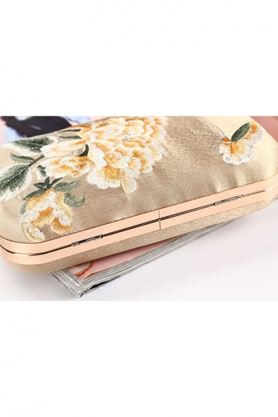 New Fashion Floral Embroidery Pattern Rhinestone Bow Embellishment Gold Evening Clutch Bag 20*5*12 CM