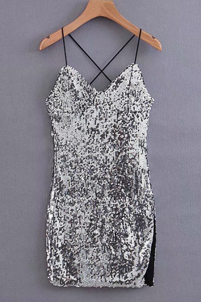 

New Fashion Silver Sexy V-Neck Split Side Mini Night Club Sequined Cami Dress for Women, LM531772