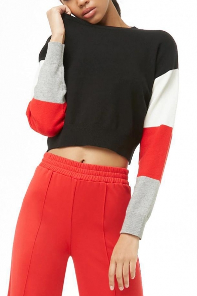 New Fashion Women's Colorblock Long Sleeve Round Neck Black Cropped T-Shirt