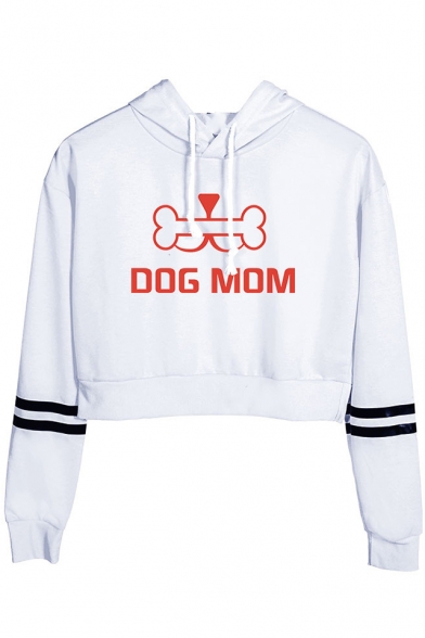 New Popular Bone Letter DOG MOM Striped Long Sleeve Loose Relaxed Cropped Hoodie