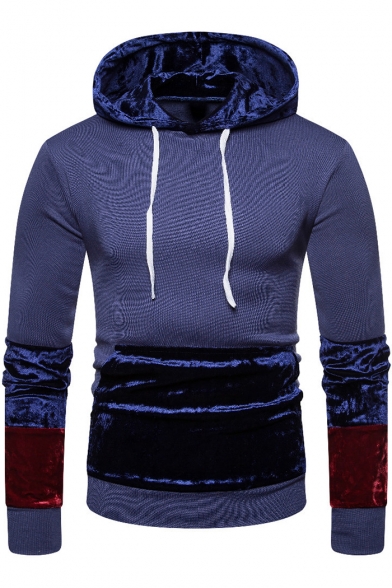 New Stylish Colorblock Printed Long Sleeve Velvet Patch Drawstring Hoodie For Men
