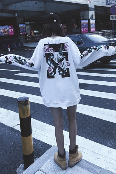 New Stylish Floral Print Embroidered SKY Letter Round Neck Long Sleeve Oversized Sweatshirt