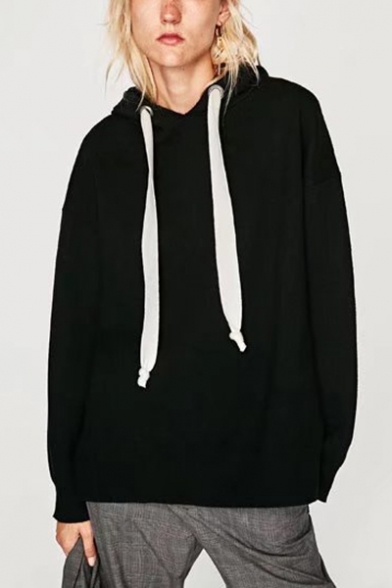New Stylish Women's Solid Color Drawstring Hood Long Sleeve Black Hoodie