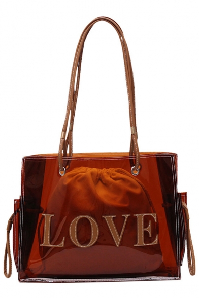 New Trendy Letter LOVE Printed Brown Transparent Shoulder Tote Bag for Women 38*29*13 CM