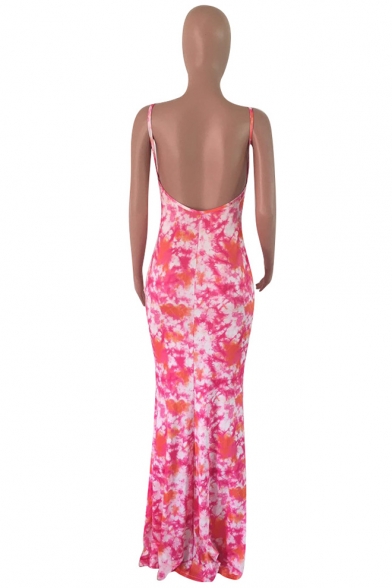New Trendy Scoop Neck Sleeveless Tie-dye Printed Backless Bodycon Maxi Dress