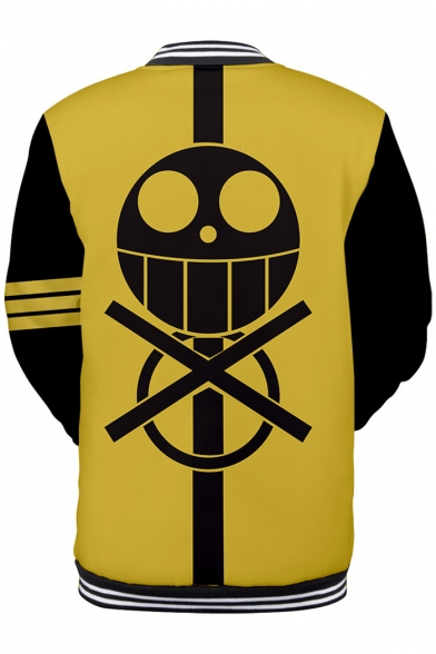 Cool Comic Character Print Rib Stand Collar Yellow Baseball Jacket