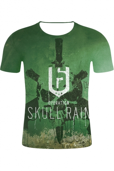 Popular Letter SKULL RAIN Skull Printed Round Neck Short Sleeve Green T-Shirt