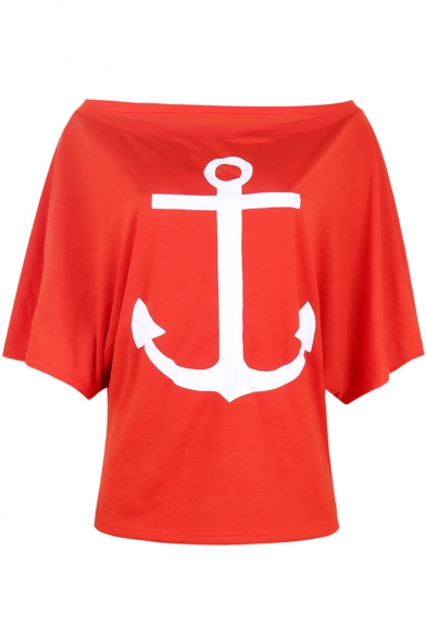Popular Simple Anchor Pattern Sexy Off the Shoulder Short Sleeve Loose Fit T-Shirt