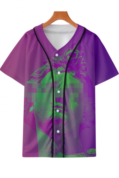 Popular Vaporwave Cool 3D Printed V-Neck Short Sleeve Button Down Baseball Shirt