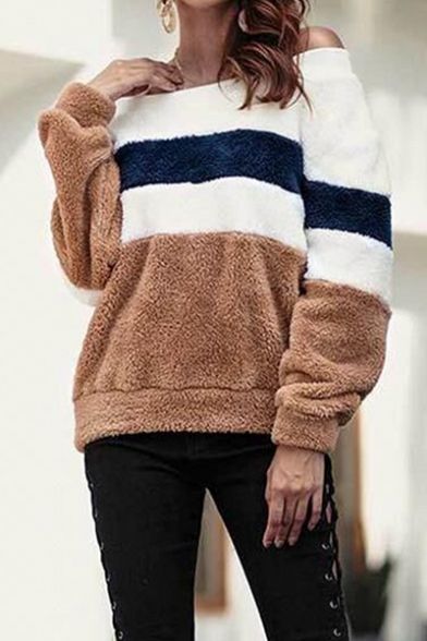 Sexy Color Block Off the Shoulder Long Sleeve Fluffy Fleece Sweatshirt