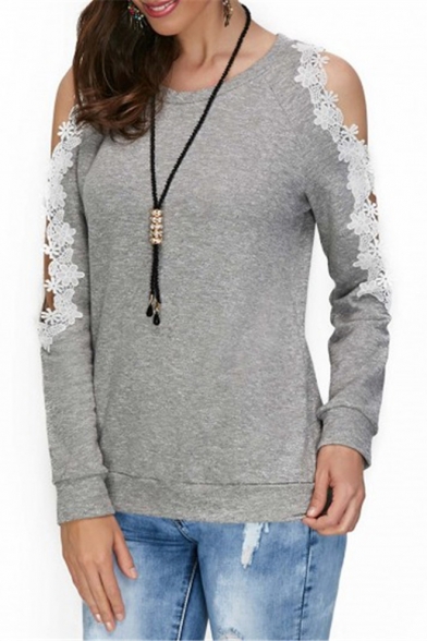 Solid Color Cut Out Floral Patchwork Round Neck Cold Shoulder Long Sleeve Gray Sweatshirt