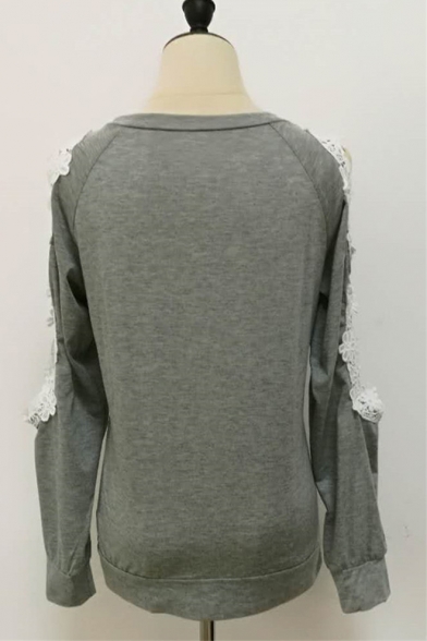 Solid Color Cut Out Floral Patchwork Round Neck Cold Shoulder Long Sleeve Gray Sweatshirt