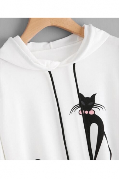 Stylish Women's Cartoon Cat Print Drawstring Hood Tape Stripe Patch Long Sleeve White Loose Fit Hoodie