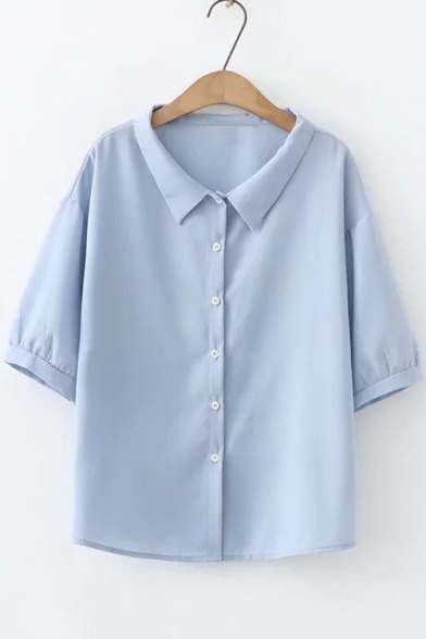 Summer Basic Simple Solid Color Short Sleeve Button Down Casual Loose Shirt