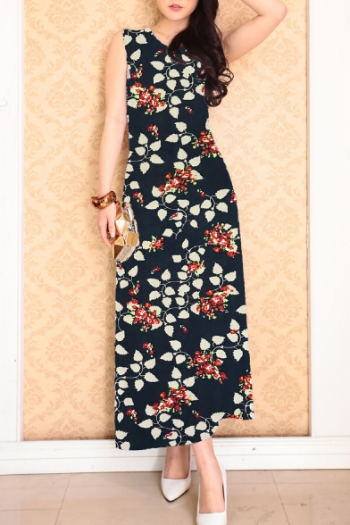 stylish floral print sleeveless maxi dress