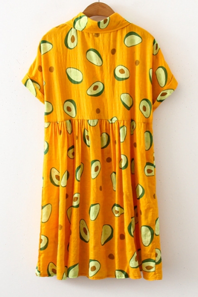 Summer Cute Allover Avocado Pattern Short Sleeve Button Front Mini Casual Shirt Dress for Girls