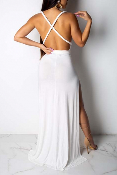 Summer Fashion Sexy Halter Plunge Neck Sleeveless Backless Plain Bow-Tied Waist Maxi Bodycon Nightclub Dress