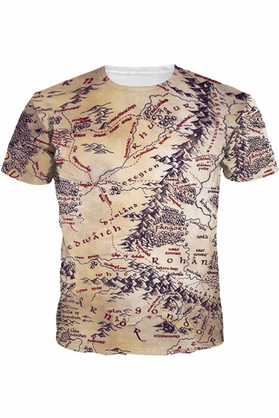Summer Men's Unique Map Of Middle Earth Printed Round Neck Short Sleeve Khaki Tee