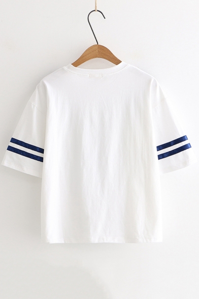 Summer Sweet Tied Round Neck Striped Sleeve Casual Loose Girls T-Shirt