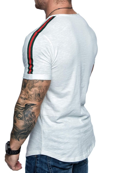 Summer Trendy Stripe Patched Short Sleeve Round Neck Slim Fit T-Shirt