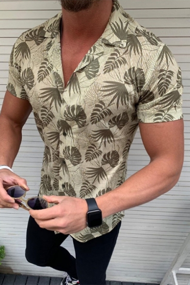 Summer Tropical Coconut Pattern Notched Lapel Collar Short Sleeve Slim Fit Camp Shirt